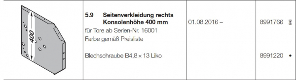 Hörmann Seitenverkleidung rechts Konsolenhöhe 400 mm HG 75 TD, 8991766