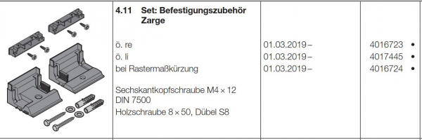 Hörmann Set: Befestigungszubehör Zarge, bei Rastermaßkürzung, Seiten-Sektionaltor, 4016724