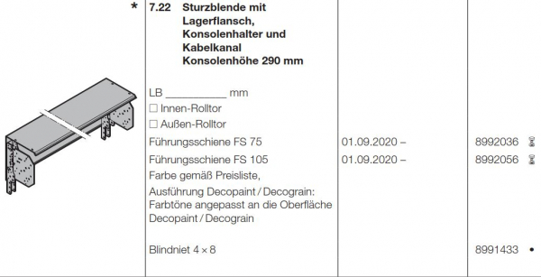 Hörmann Sturzblende mit Lagerflansch, Konsolenhöhe 290 mm Garagen-Rolltor RollMatic T, 8992036