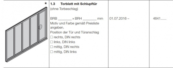 Hörmann Torblatt mit Schlupftür für Doppelgaragen-Schwingtor N 500, 4641