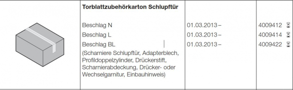 Hörmann Torblattzubehörkarton Schlupftür Beschlag L, Baureihe 40, 4009414