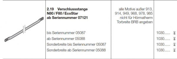 Hörmann Verschlussstange für N80 und F80 und EcoStar, 1030010