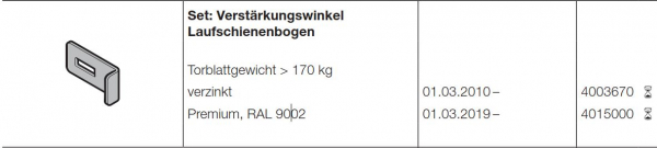 Hörmann Set: Verstärkungswinkel  Laufschienenbogen für die Baureihe 40, 4003670