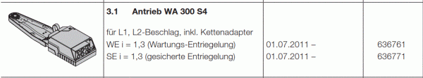 Hörmann Ersatz Antrieb WA 300 S4 für L1-L2-Beschlag mit Kettenadapter WE i = 1-3 Wartungs-Entriegelung, 636761