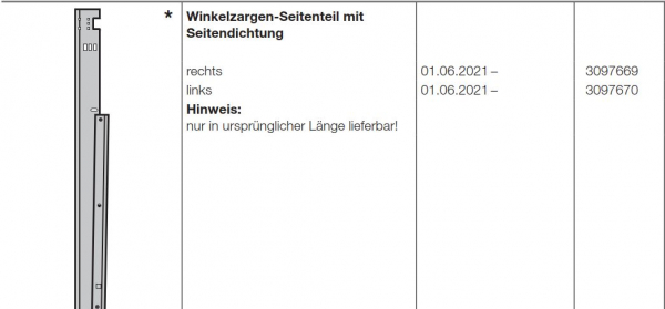 Hörmann Winkelzargen-Seitenteil rechts mit Seitendichtung für Industrietore-Baureihe 60, 3097669