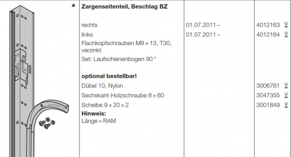 Hörmann Zargenseitenteil Beschlag BZ rechts für die Baureihe 40, 4012163