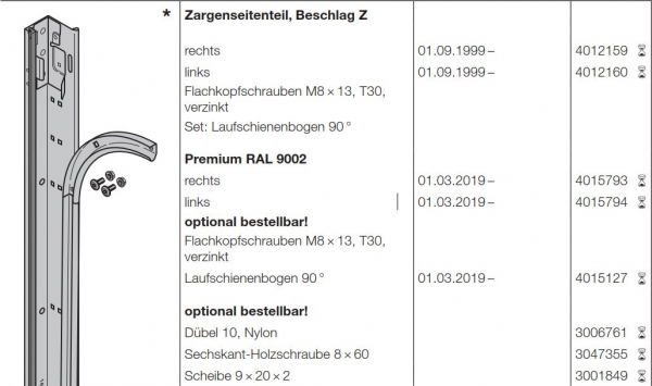 Hörmann Zargenseitenteil, Beschlag Z rechts für die Baureihe 40, Renomatic, Ecostar,, 4012159