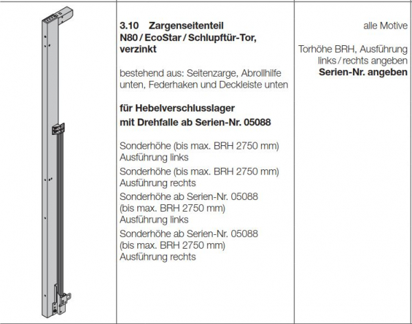 Hörmann Zargenseitenteil N80 / EcoStar / Schlupftürtor verzinkt, 1042