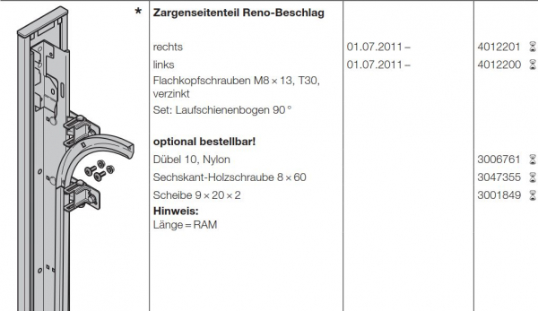 Hörmann Zargenseitenteil Beschlag Reno-Beschlag links für die Baureihe 40 , 4012200