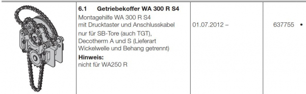 Hörmann Getriebekoffer WA 300 R S4 Montagehilfe WA 300 R S4  mit Drucktaster und Anschlusskabel,  nur für SB-Tore (auch TGT), Decotherm A und S (Lieferart  Wickelwelle und Behang getrennt)  Hinweis: nicht für WA250 R, 637755