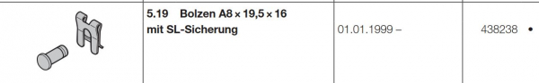 Hörmann Zubehöre und Ersatzteile: Bolzen A8-19,5-16 mit SL-Sicherung , 438238
