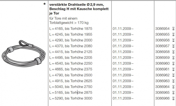 Hörmann verstärkte Drahtseile Ø 2,9 mm, Beschlag H mit Kausche komplett  je Tor L = 4165, bis Torhöhe 1875 , 3086954