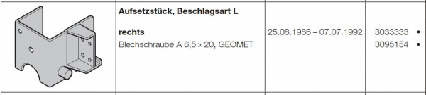 Hörmann Aufsetzstück, Beschlagsart L-rechts neu-(von innen gesehen)-Industrietorbaureihe 20, 3033333