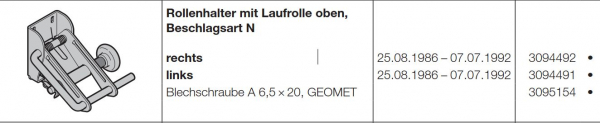 Hörmann Rollenhalter mit Laufrolle oben rechts Beschlagsart N neu-(von innen gesehen)-Industrietorbaureihe 20, 3094492