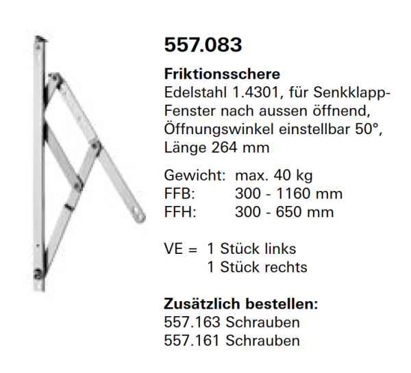 Jansen Janisol Arte 2.0, Friktionsschere, Edelstahl 1.4301, für Senkklappfenster nach aussen öffnend, Länge 415 mm, Artikel Nr.557.084