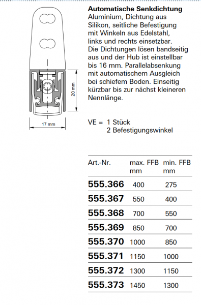 Schüco Jansen Automatische Senkdichtung, max FFB 400 mm, Kurz FFB 275 Jansen Artikelnummer 555.366