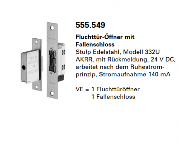 Jansen-Economy 60 RC Türen Fluchttür-Öffner mit Fallenschloss Stulp Edelstahl, Modell 332U AKRR, Artikelnummer 555.549