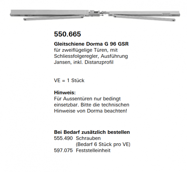 Jansen-Economy 60 RC Türen Gleitschiene Dorma G 96 GSR für zweiflügelige Türen, Artikelnummer 550.665