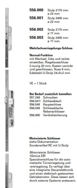 Jansen-Economy 60 RC Türen Mehrfachverriegelungs-Schloss Normal-Funktion, Stulp 2170 mm ø 22 mm, Artikelnummer 556.000