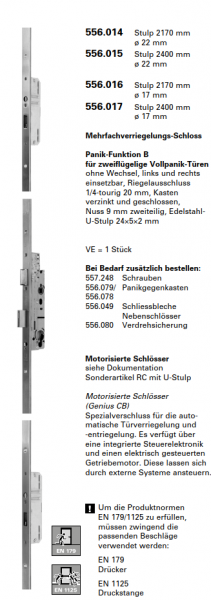 Jansen-Economy 60 RC Türen Mehrfachverriegelungs-Schloss, Panik-Funktion B, zweiflügelig Vollpanik-Türen, Stulp 2170 mm ø 17 mm, Artikelnummer 556.016