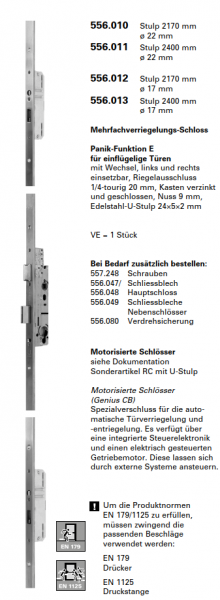 Jansen-Economy 60 RC Türen Mehrfachverriegelungs-Schloss, Panik-Funktion E, einflügelig, Stulp 2170 mm ø 17 mm, Artikelnummer 556.012