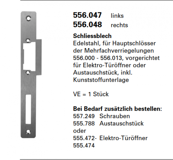 Jansen-Economy 60 RC Türen Schliessblech Edelstahl, für Hauptschlösser der Mehrfachverriegelungen, Artikelnummer 556.048