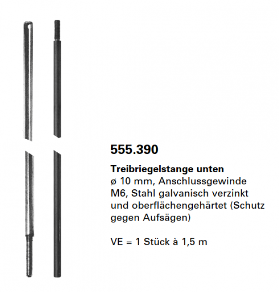 Jansen-Economy 60 RC Türen Treibriegelstange unten ø 10 mm, Anschlussgewinde M6, Länge 1,5 m, Artikelnummer 555.390