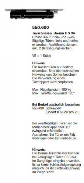 Jansen-Economy 60 RC Türen Türschliesser Dorma ITS 96 Grösse 3.6, für ein- und zwei- flügelige Türen, Artikelnummer 550.660