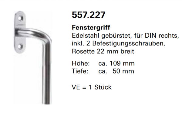 Jansen, Janisol Arte 66, Fenstergriff Edelstahl gebürstet, für DIN rechts, inkl. 2 Befestigungsschrauben, Rosette 22 mm breit, 557.227