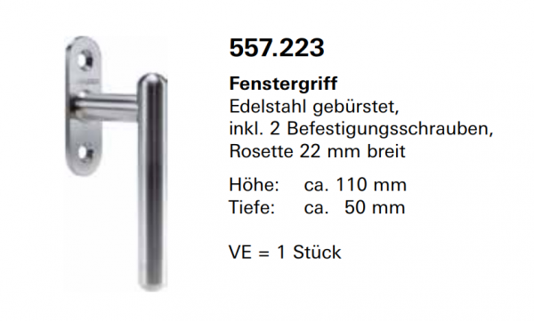 Jansen, Janisol Arte 66, Fenstergriff Edelstahl gebürstet, inkl. 2 Befestigungsschrauben, Rosette 22 mm breit, 557.223