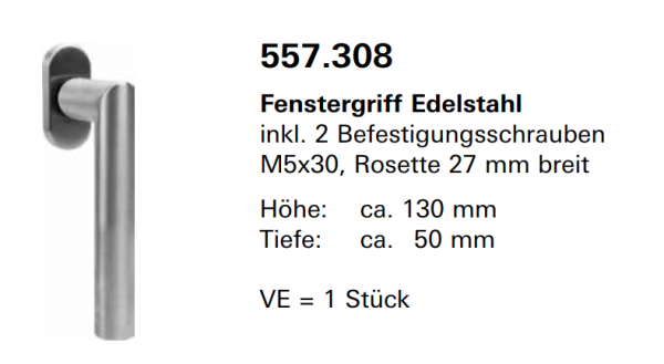 Jansen, Janisol Arte 66, Fenstergriff Edelstahl inkl. 2 Befestigungsschrauben M5x30, Rosette 27 mm breit, 557.308