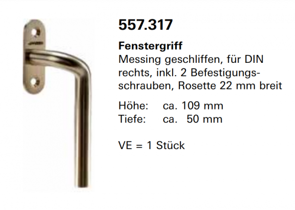 Jansen, Janisol Arte 66, Fenstergriff Messing geschliffen, für DIN rechts, inkl. 2 Befestigungsschrauben, Rosette 22 mm breit, 557.317