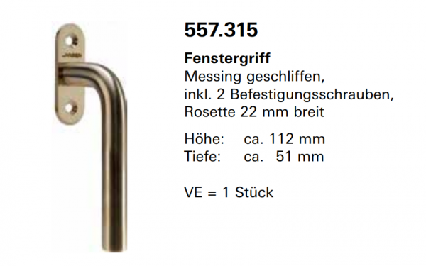 Jansen, Janisol Arte 66, Fenstergriff Messing geschliffen, inkl. 2 Befestigungsschrauben, Rosette 22 mm breit, 557.315