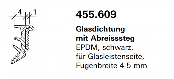 Jansen, Janisol Arte 66, Glasdichtung mit Abreisssteg EPDM, schwarz, für Glasleistenseite, Fugenbreite 4-5 mm, 455.609