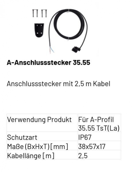 Marantec A-Anschlussstecker 35,55 Anschlussstecker mit 2,5 m Kabel, 186960