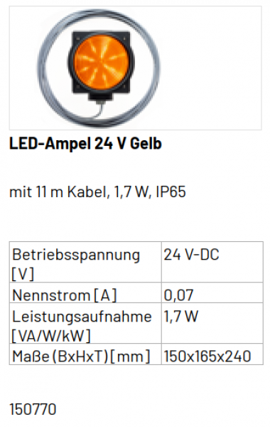 Marantec LED-Ampel 24V Gelb, mit 11 m Kabel, 150770