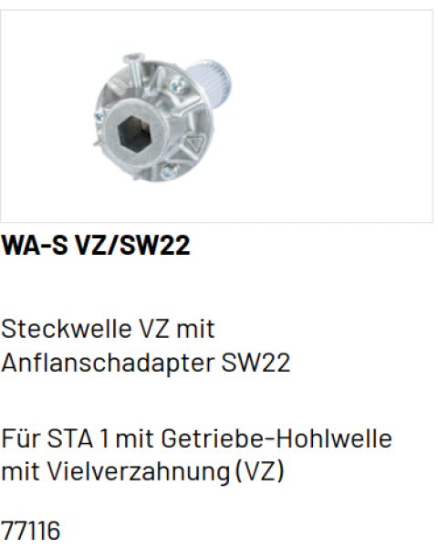 Marantec Steckwelle, Vielverzahnung mit Anflanschadapter für Federwelle SW 22 mm Sechskant, 77116