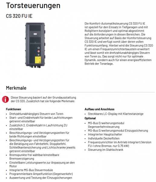 Marantec Ersatz Steuerung CS 300/FU, Marantec, Torsteuerungen CS320 FU-E, Anschlussspannung 1x 230VAC und Motore bis 1,5kw, 188834, 99561