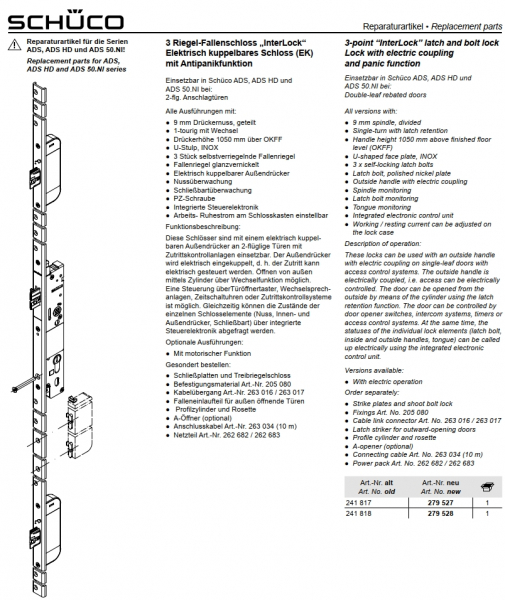 Schüco 3 Riegel-Fallenschloss „InterLock“ Elektrisch kuppelbares Schloss (EK) mit Antipanikfunktion, 241 817, 279 527, links