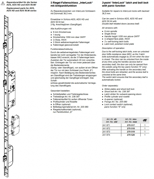 Schüco 3 Riegel-Fallenschloss „InterLock“ mit Antipanikfunktion, 241 872, 279 518, rechts