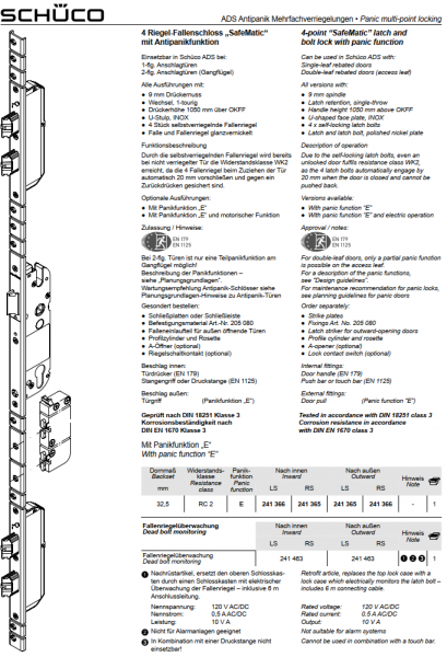 Schüco 4 Riegel-Fallenschloss „SafeMatic“ mit Antipanikfunktion, 241 365, nach innen RS, Panikfunktion E