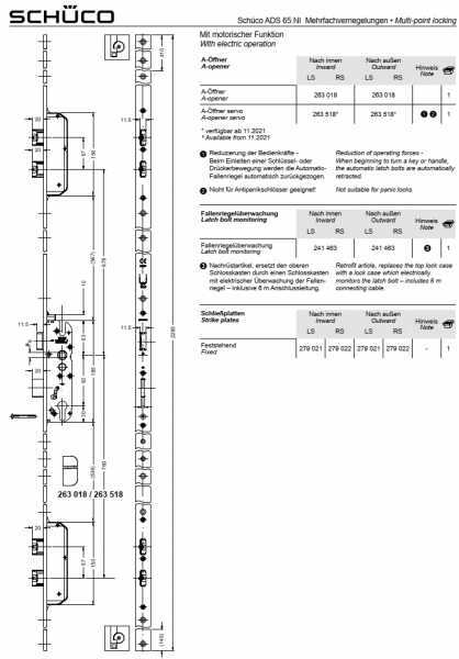 Schüco 5 Riegel-Fallenschloss „SafeMatic“, mit motorischer Funktion, 263 018, ADS 65.NI