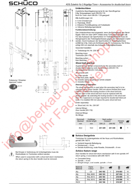 Schüco ADS Antipanik, Zubehör und Schliesstechnik für Notausgänge, Fluchttüren, PDFs