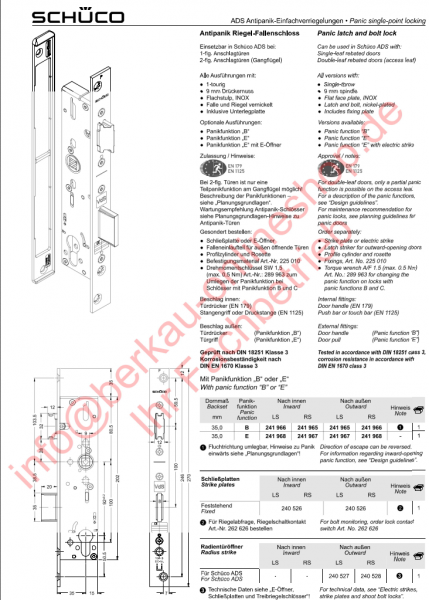 Schüco ADS Antipanik-Mehrfachverriegelungen, Antipanik Schwenkhaken-Bolzenschloss, 4 Riegel-Fallenschloss „SafeMatic“ mit Antipanikfunktion, 3 Riegel-Fallenschloss „InterLock“ mit Antipanikfunktion, PDFs