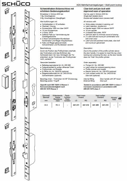 Schüco ADS Mehrfachverriegelungen, Schwenkhaken-Bolzenschloss mit erhöhtem Bedienungskomfort, RC2, Dornmaß 34,0 mm, 241411, RS, nach innen