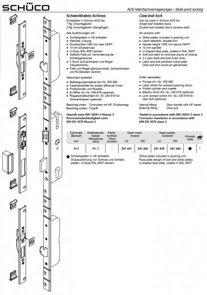 Schüco ADS Mehrfachverriegelungen, Schwenkhaken-Schloss, RC2, Dornmaß 34,0 mm, 241440, RS, nach außen