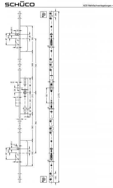 Schüco ADS Mehrfachverriegelungen, Schwenkhaken-Schloss mit selbstverriegelnden Rundbolzenfallen, RC3, Dornmaß 34,0 mm, 241407, LS