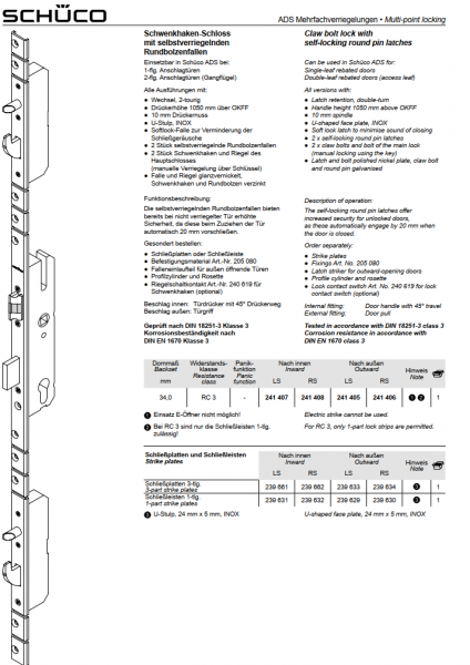 Schüco ADS Mehrfachverriegelungen, Schwenkhaken-Schloss mit selbstverriegelnden Rundbolzenfallen, RC3, Dornmaß 34,0 mm, 241407, LS