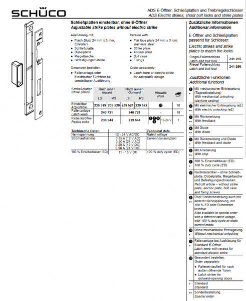 Schüco ADS Schließplatten einstellbar, ohne E-Öffner, 239521, LS nach außen