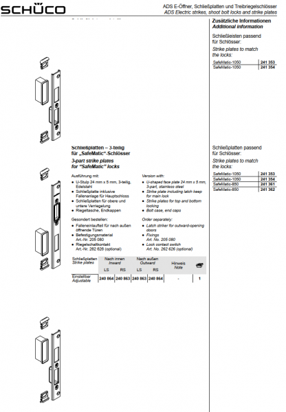 Schüco ADS Schließplatten – 3-teilig für „SafeMatic“-Schlösser, 240864, LS nach innen, EinstellbarADS Schließplatten–3-teilig für Schwenkhaken-Schlösser, 240757, LS nach innen, Einstellbar